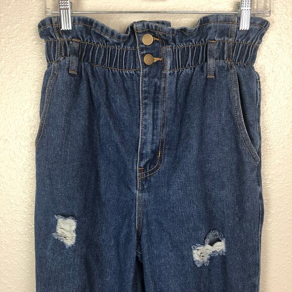Forever 21 Distressed Paperbag Paper Bag Blue High Waisted Jeans Torn - Picture 4 of 10